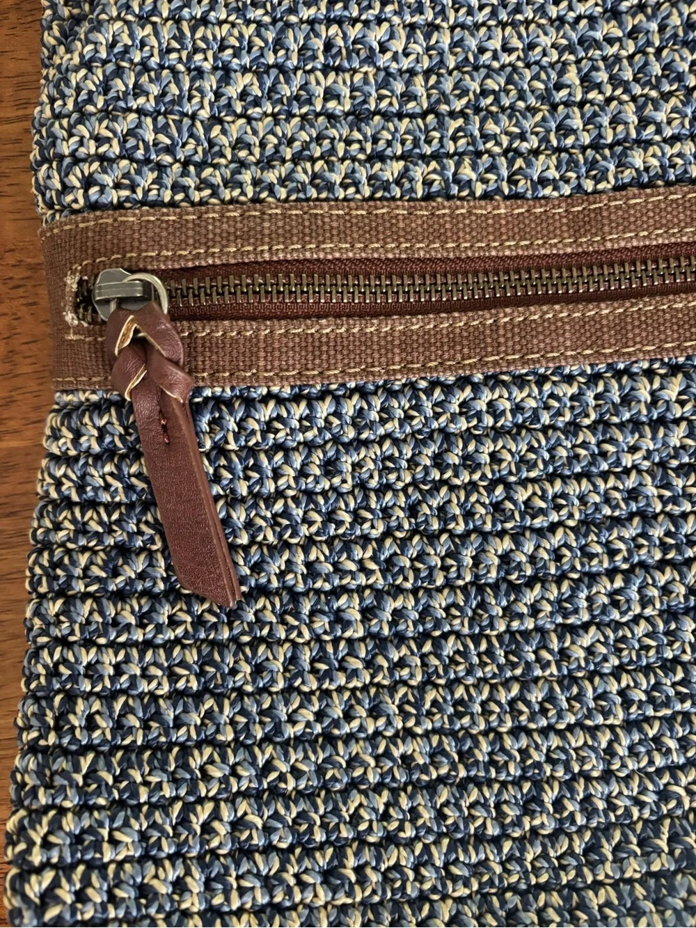 The Sak Lucia Crossbody Purse Boho Crocheted Bag in Blue and Brown Leather